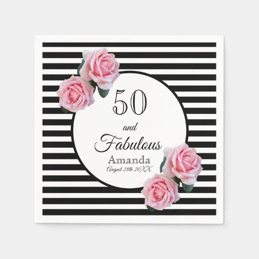 50と素晴らしいピンクの花模様ブラックストライプの名前 スタンダードカクテルナプキン (正面)