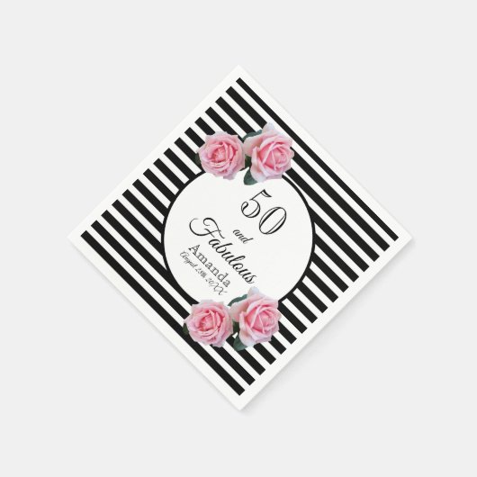50と素晴らしいピンクの花模様ブラックストライプの名前 スタンダードカクテルナプキン (角)