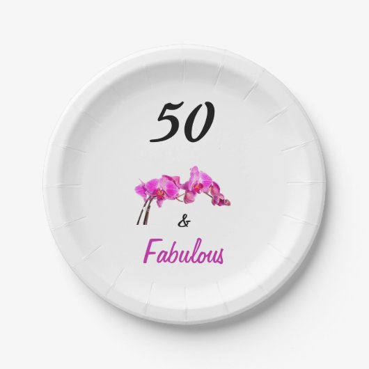 50と素晴らしいピンクの蘭の花の写真と文字 ペーパープレート (正面)