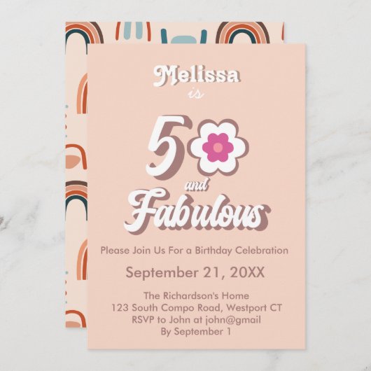 50と素晴らしいピンクの誕生日Groovy招待状 招待状 (正面/裏面)