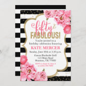 50と素晴らしいピンクの金ゴールドフローラ50誕生日 招待状 (正面/裏面)