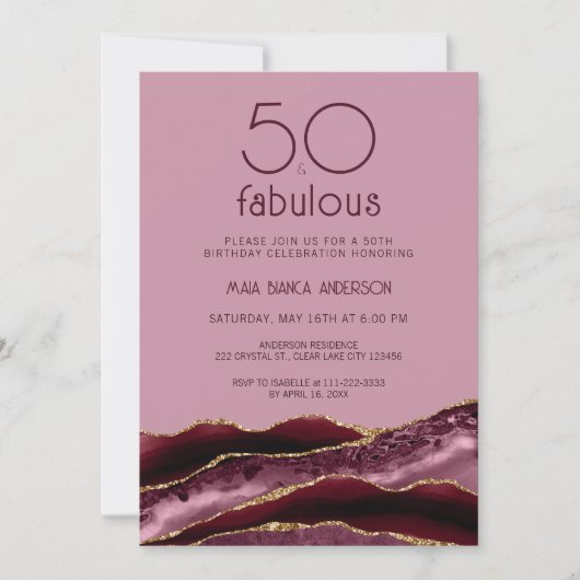 50と素晴らしいピンクアゲート50誕生日 招待状 (正面)