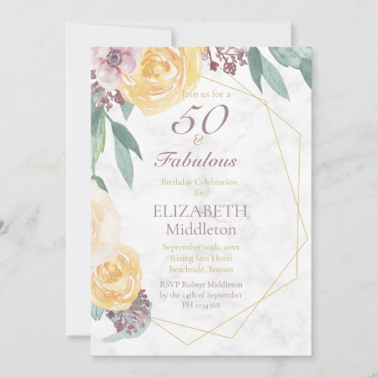 50と素晴らしいピンクエレガントの大理石誕生日 招待状 (正面)