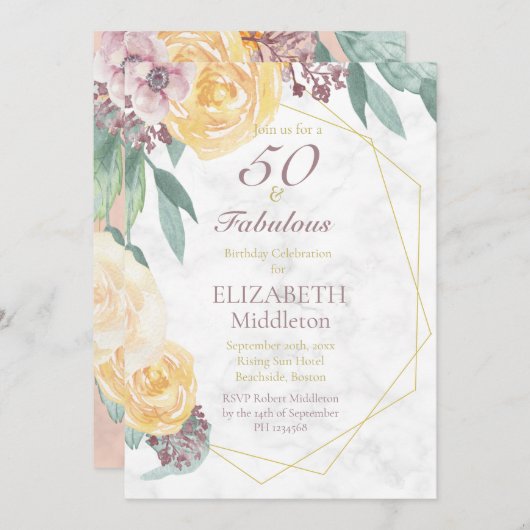 50と素晴らしいピンクエレガントの大理石誕生日 招待状 (正面/裏面)