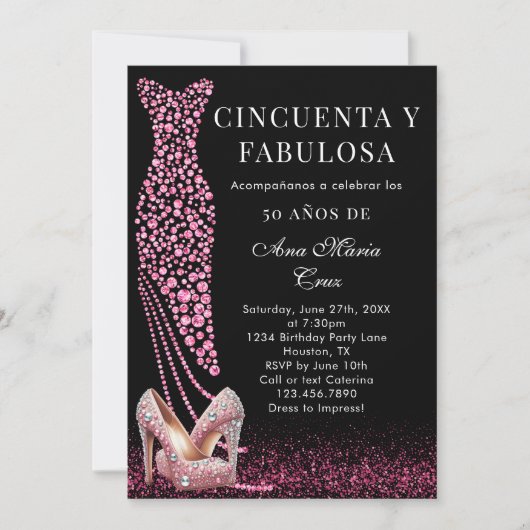 50と素晴らしいピンクグラムスペインの50誕生日 招待状 (正面)