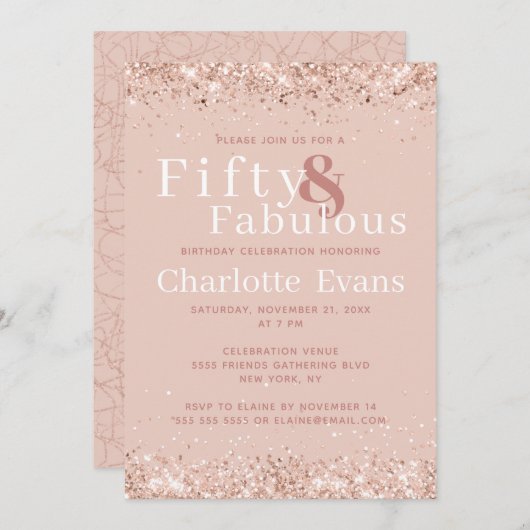 50と素晴らしいピンクグリッター誕生日招待状 招待状 (正面/裏面)
