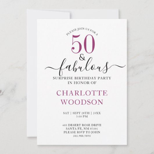 50と素晴らしいピンクバーガンディフローラ 招待状 (裏面)