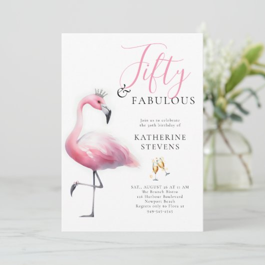 50と素晴らしいピンクフラミンゴティアラ50誕生日 招待状 (スタンド正面)