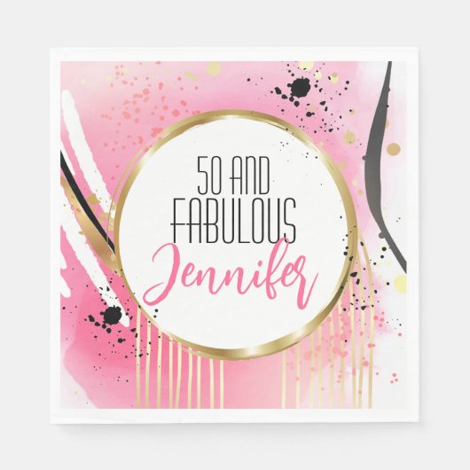 50と素晴らしいピンクブラック金ゴールドモダン誕生日 スタンダードランチョンナプキン (正面)
