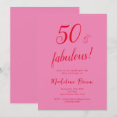 50と素晴らしいピンクモダンレッド50誕生日 招待状 (正面/裏面)