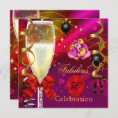 50と素晴らしいピンクレッド金ゴールドブラック誕生日パーティー 招待状 (正面/裏面)