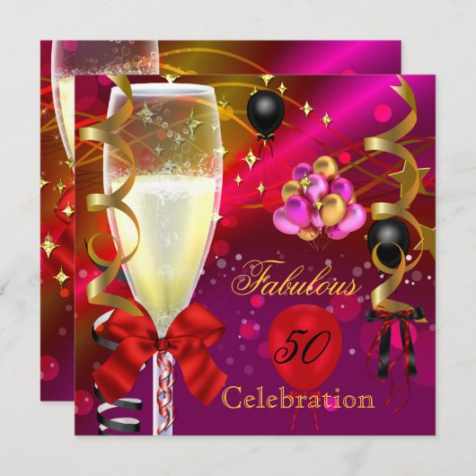 50と素晴らしいピンクレッド金ゴールドブラック誕生日パーティー 招待状 (正面/裏面)