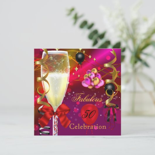 50と素晴らしいピンクレッド金ゴールドブラック誕生日パーティー 招待状 (スタンド正面)