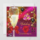 50と素晴らしいピンクレッド金ゴールドブラック誕生日パーティー 招待状 (正面)