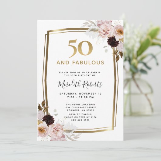 50と素晴らしいピンクローゼメタリック金ゴールド誕生日 招待状 (スタンド正面)