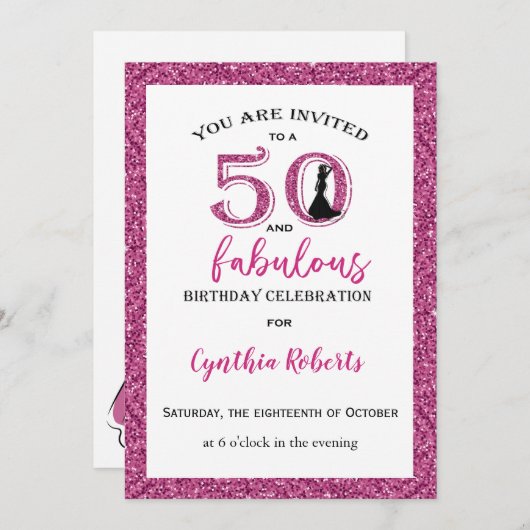 50と素晴らしいピンク誕生日招待状 招待状 (正面/裏面)