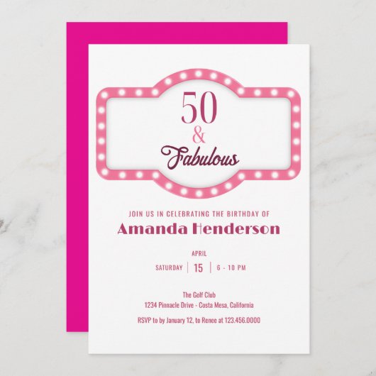 50と素晴らしいピンク誕生日 招待状 (正面/裏面)