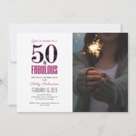50と素晴らしいピンク50th誕生日パーティーの写真 招待状 (正面)