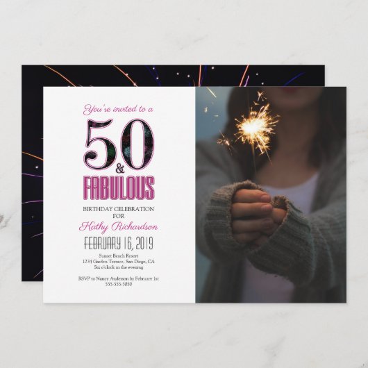 50と素晴らしいピンク50th誕生日パーティーの写真 招待状 (正面/裏面)