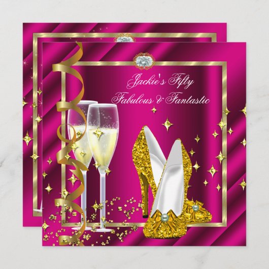 50と素晴らしいファンタスティックピンクイエロー金ゴールド誕生日 招待状 (正面/裏面)