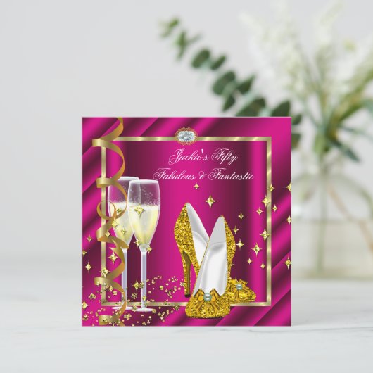 50と素晴らしいファンタスティックピンクイエロー金ゴールド誕生日 招待状 (スタンド正面)