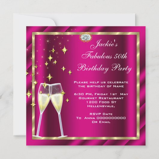 50と素晴らしいファンタスティックピンクイエロー金ゴールド誕生日 招待状 (裏面)