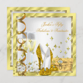 50と素晴らしいファンタスティックホワイトイエロー金ゴールド誕生日 招待状 (正面/裏面)