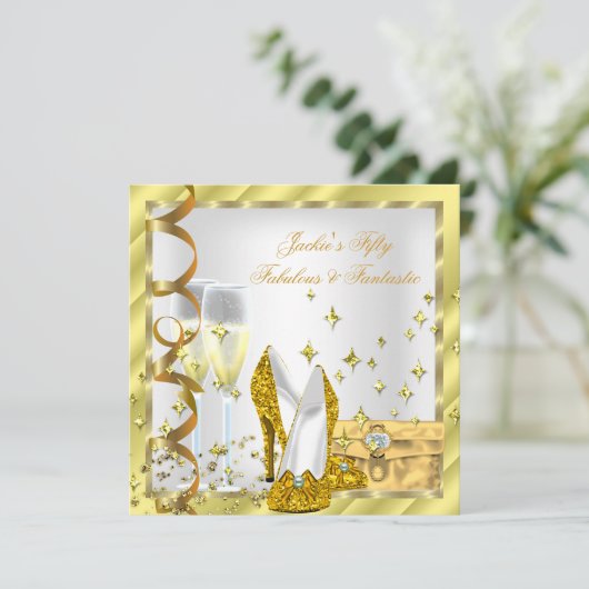 50と素晴らしいファンタスティックホワイトイエロー金ゴールド誕生日 招待状 (スタンド正面)