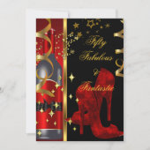 50と素晴らしいファンタスティックレッドブラック金ゴールド誕生日 招待状 (正面)