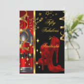 50と素晴らしいファンタスティックレッドブラック金ゴールド誕生日 招待状 (スタンド正面)