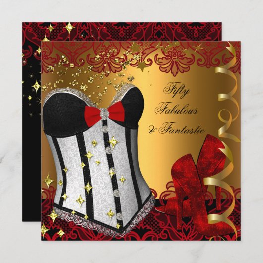 50と素晴らしいファンタスティックレッドブラック金ゴールド誕生日 招待状 (正面/裏面)