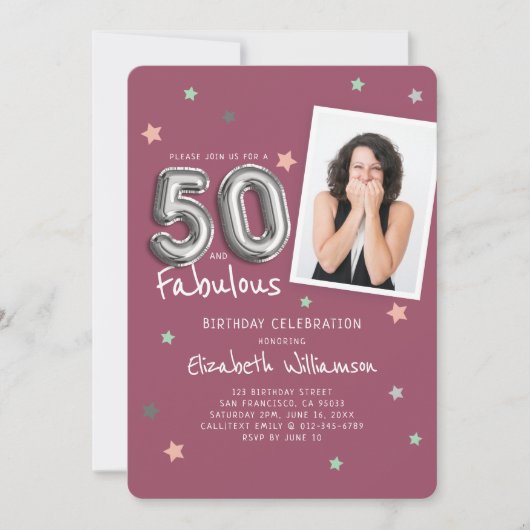 50と素晴らしいフォイルのバルーンスターフォト誕生日 招待状 (正面)
