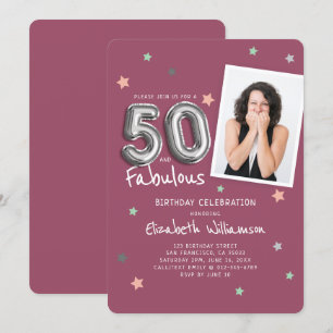 50と素晴らしいフォイルのバルーンスターフォト誕生日 招待状