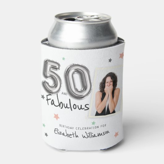 50と素晴らしいフォイルのバルーンスターフォト誕生日 缶クーラー (缶正面)