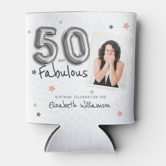 50と素晴らしいフォイルのバルーンスターフォト誕生日 缶クーラー (正面)