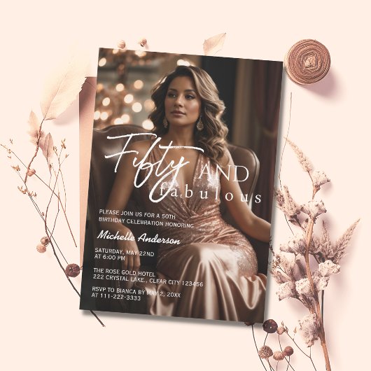 50と素晴らしいフォトバラ金ゴールド50誕生日 招待状