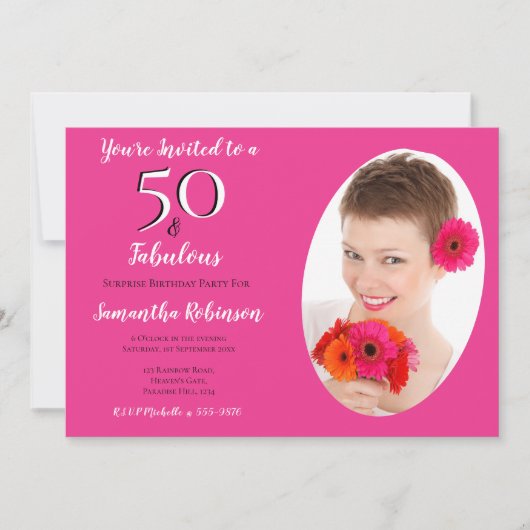 50と素晴らしいフォトピカスタマイズックピンクホワイトシェブロン 招待状 (正面)