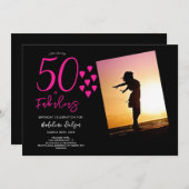 50と素晴らしいフォトピンクブラックハート50th 招待状 (正面/裏面)