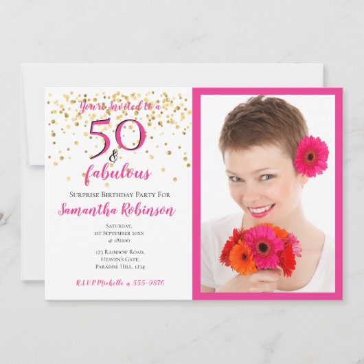 50と素晴らしいフォトピンクホワイトシェブロン金ゴールドドット 招待状 (正面)