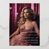 50と素晴らしいフォトピンクローズ金ゴールド 箔招待状 (正面)