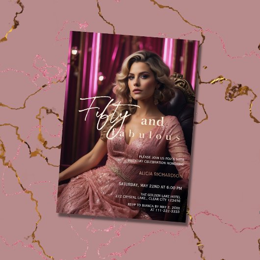 50と素晴らしいフォトピンクローズ金ゴールド 箔招待状