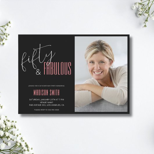50と素晴らしいフォトブラックとピンク50誕生日 招待状