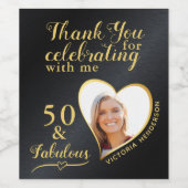 50と素晴らしいフォトブラックと金ゴールドありがとう ワインラベル (シングルラベル)