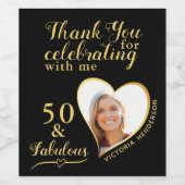 50と素晴らしいフォトブラックと金ゴールド誕生日 ワインラベル (シングルラベル)