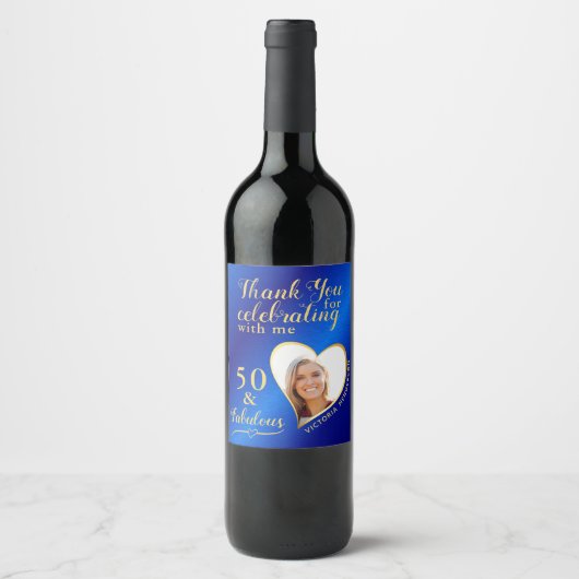 50と素晴らしいフォトブルー王室のと金ゴールド誕生日 ワインラベル (正面)