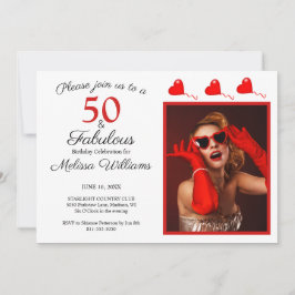 50と素晴らしいフォトレッド50誕生日ホワイトレッド 招待状