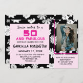 50と素晴らしいフォト白黒ピンクフローラ 招待状 (正面/裏面)