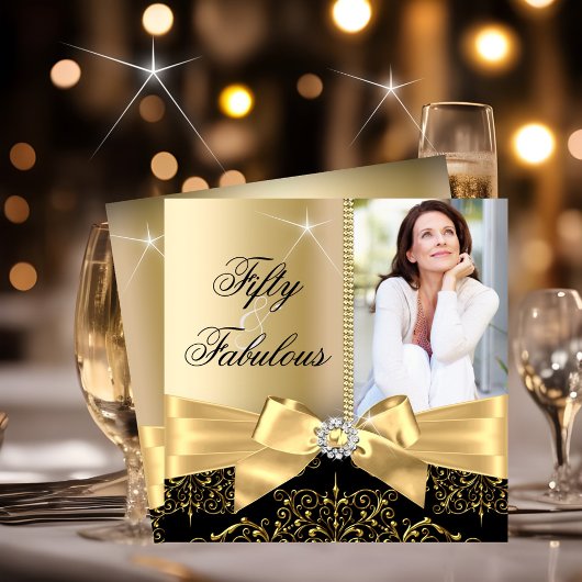 50と素晴らしいフォト金ゴールドブラックボウ50誕生日 招待状