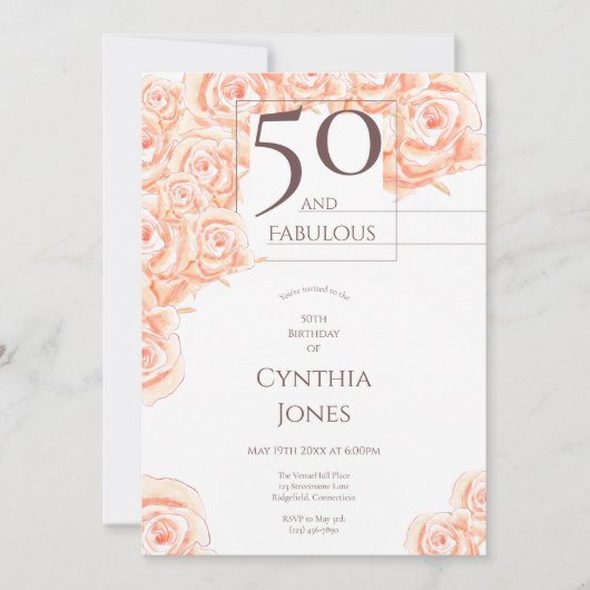 50と素晴らしいフローラピンクローズブラウン縦 招待状 (正面)