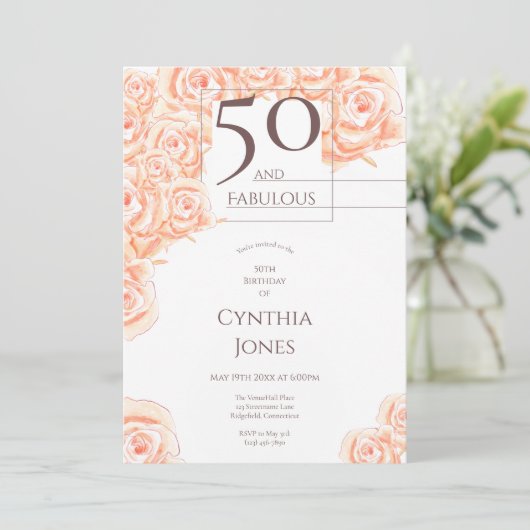 50と素晴らしいフローラピンクローズブラウン縦 招待状 (スタンド正面)